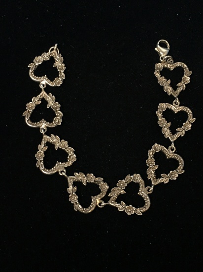 Heavy Floral Lined Heart Link Sterling Silver 8" Chain Bracelet - 22 Gram