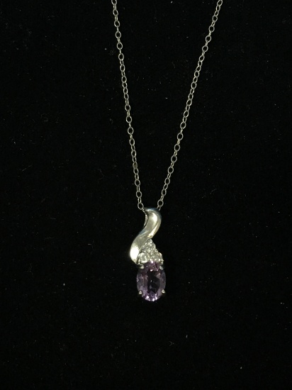 Purple & White Gemstone Sterling Silver Pendant W/ 18" Sterling Necklace