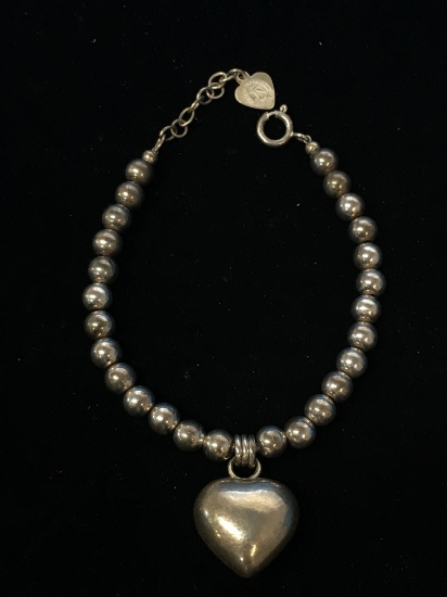 JN Beaded Sterling Silver & Heart Pendant 8" Chain Bracelet