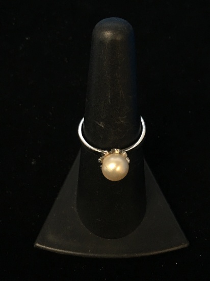 Vintage Sterling Silver & Pearl Cocktail Ring - Size 7.25