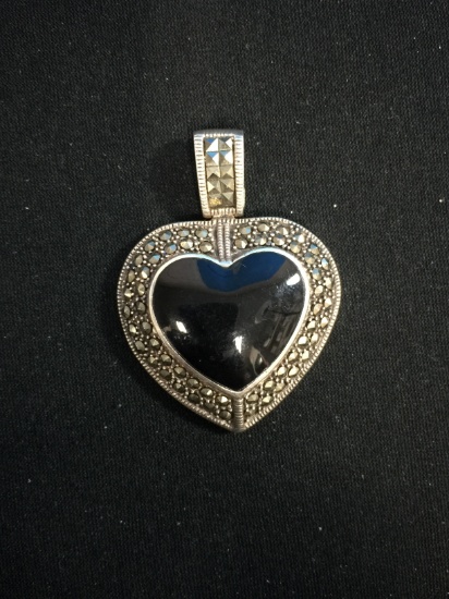 CFJ Sterling Silver Heart Pendant W/ Black Onyx & Marcasite