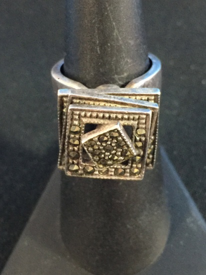 Ornate Twisted Sterling Silver Square Ring W/ Marcasite Gemstones - Size 5.75
