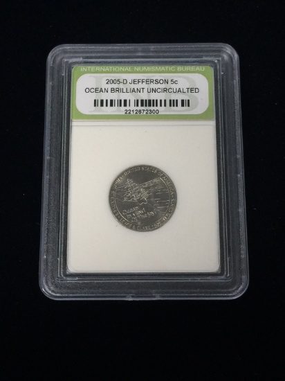 INB Slabbed 2005-D Jefferson Ocean 5 Cent Nickel Coin - BU Condition