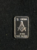 1 Gram .999 Fine Silver Masonic Square & Compass Bullion Bar