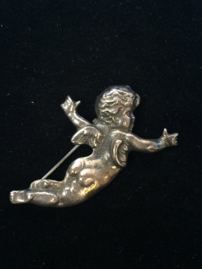 Heavy Antique Sterling Silver Cherub Baby Angel Brooch Pin