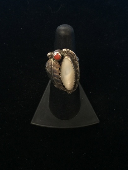 Sampson Yazzie Sterling Silver Mother of Pearl & Coral Ring - Size 5.5