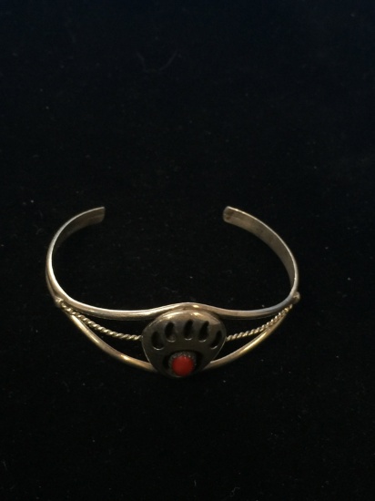 Old Pawn Native American Red Coral Sterling Silver Bear Baw Cuff Bracelet