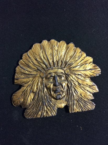 Vintage Large Indian Chief Head Brass Belt Buckle (Motorcycle Logo?)