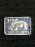 1 Gram .999 Fine Silver Rhinoceros Bullion Bar