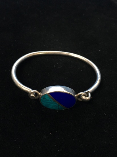 Old Pawn Taxco Sterling Silver Bangle Cuff Bracelet W/ Turquoise & Lapis - 26 Grams