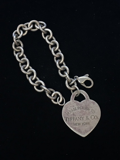 Tiffany & Co NY Signed Sterling Silver 8" Chain Heart Pendant Bracelet - 45 Grams