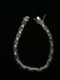 FAS Sterling Silver Tennis Bracelet W/ Purple & White Gemstones - 7