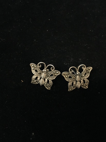 Designer NF Sterling Silver & Marcasite Butterfly Post Earrings Set