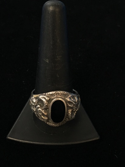 Vintage Carved Sterling Silver & Onyx Dragon Ring - Size 12.5
