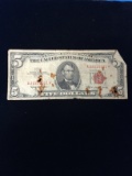 1963 United States $5 Lincoln Red Seal Certificate Bill Currency Note