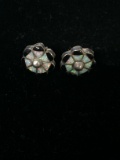 Old Pawn Native Sterling Silver Earrings W/ Fire Opal & Onyx