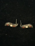 Old Pawn Native Sterling Silver Earrings W/ MOP, Coral, & Abalone
