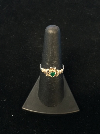 Emerald & Sterling Silver Claddagh Ring - Size 7.25