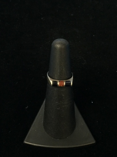 Black Onyx & Goldstone Sterling Silver Ring - Size 5