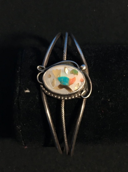 Old Pawn Native American Sterling Silver & Multi Stone Inlay Cuff Bracelet