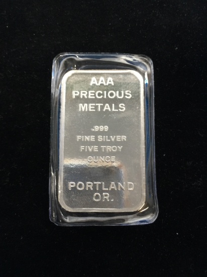 5 Troy Ounce .999 Fine Silver AAA Precious Metals Silver Bullion Bar