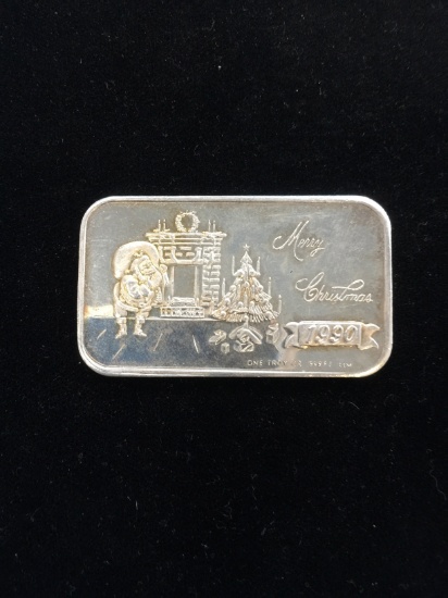 1 Troy Ounce .999 Fine Silver Merry Christmas 1990 Silver Bullion Bar