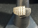 White & Black CZ Lined Sterling Silver Statement Ring - Size 9.75