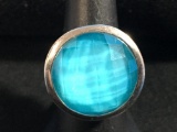 Designer NF Sterling Silver & Large Blue Checkerboard Cut Lucite Stone Ring Sz 7