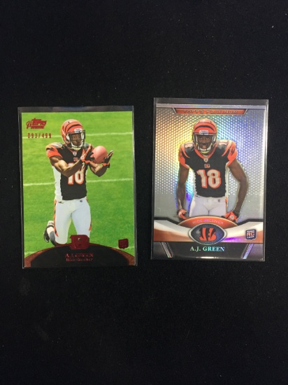 2 Card Lot of 2011 Topps Prime Red /499 & Topps Platinum A.J. Green Bengals Rookie Football Cards