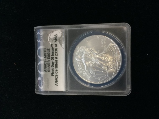 ANACS Graded 2008 U.S. 1 Troy Ounce .999 Fine Silver Silver Eagle Bullion Coin - MS 70