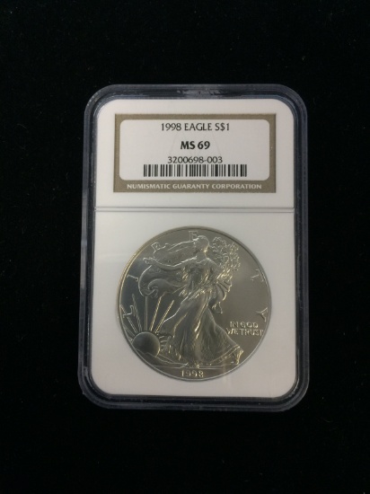 NGC Graded 1998 U.S. 1 Troy Ounce .999 Fine Silver Eagle Bullion Coin - MS69