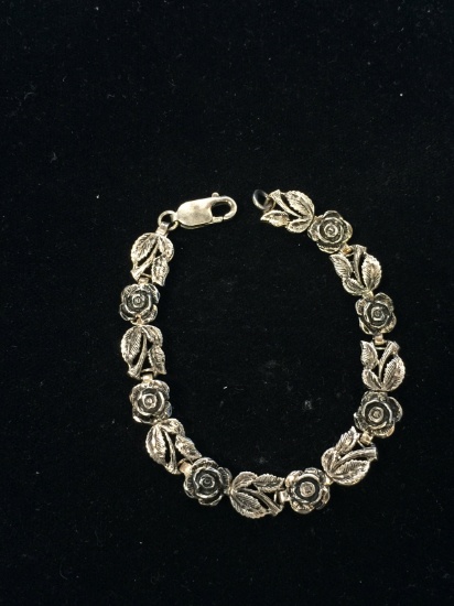 Carved Sterling Silver Floral 6.5" Chain Bracelet