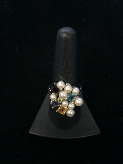 RS Sterling Silver Ring W/ Pearl & Multi Gemstones - Size 9