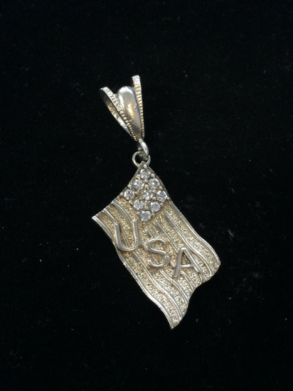 Large 2.5" USA Flage Sterling Silver Bling Pendant