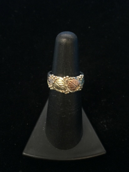 Vintage Sterling Silver & 12K Gold Leaf Ring Band - Size 5