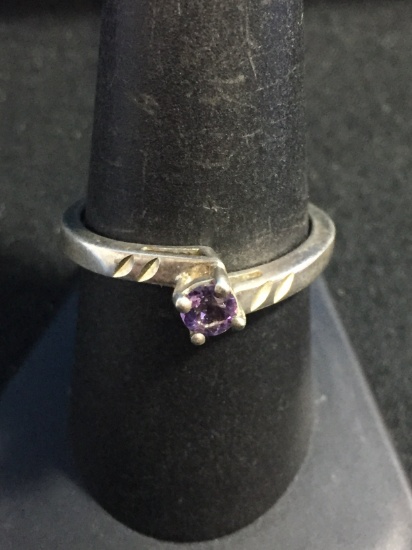 Etched Sterling Silver & Amethyst Ring - Size 8.75