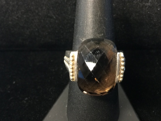 Large Checkerboard Cut Smoky Quartz Sterling Silver Ring - Size 8