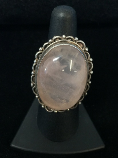 Native American Style Large Pink Quartz Sterling Silver Ring - Size 7