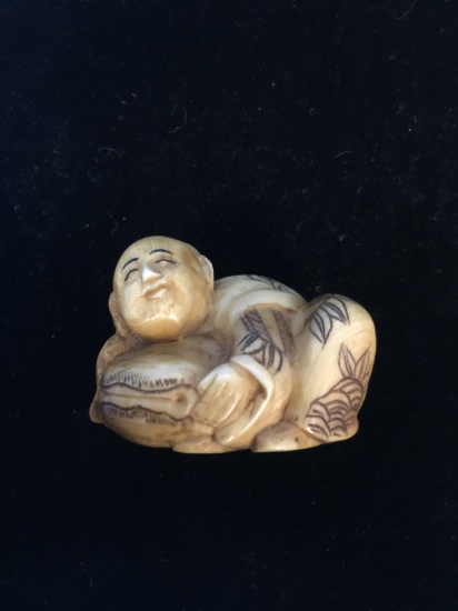 Vintage Pre-1973 Carved Ivory/Bone Buddha Statue - 2" Wide - Very Detailed and Old
