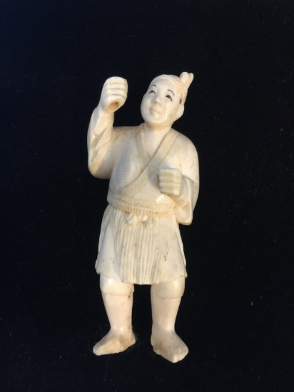 Antique Carved Ivory Chinese Man Statue 3" Tall - Stands on Own - Highly Detailed Unknown Origin
