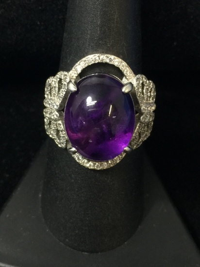 Large Cabachon Amethyst Sterling Silver Cocktail Ring - Size 8