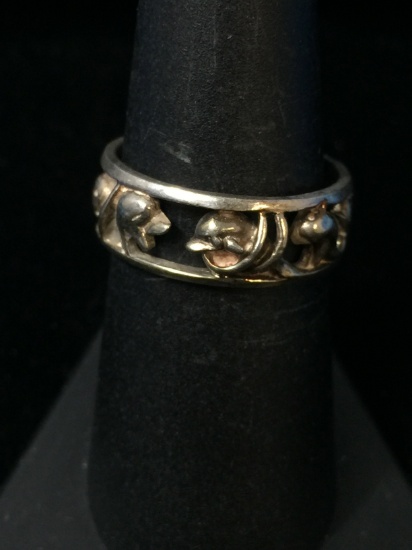 Carved Sterling Silver Dolphin Ring Band - Size 7.5