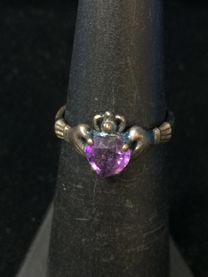 Amethyst & Sterling Silver Claddagh Ring - Size 4.75