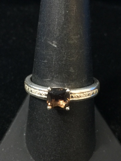 Diamond & Smoky Quartz Sterling Silver Ring - Size 9