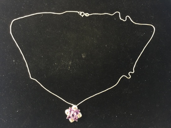 Amethyst Cluster Floral Sterling Silver Pendant W/ 20" Sterling Chain