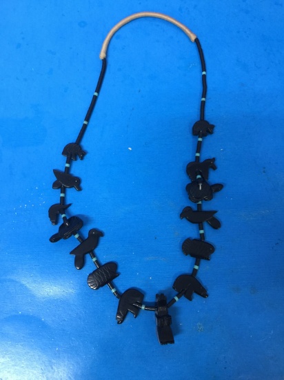 AMAZING Native American Carved Obsidian Fetish Necklace (One Chipped Animal)