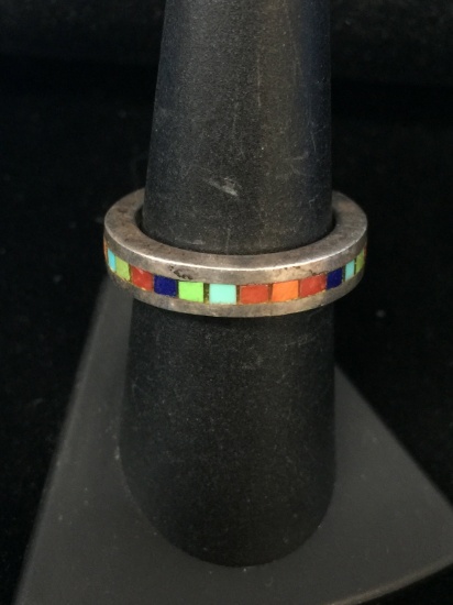 Amazing Multi Gemstone Inlay Sterling Silver Ring Band - Size 7.5