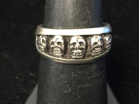 Carved Sterling Silver Multi Human Skull Ring Band - Size 6.5