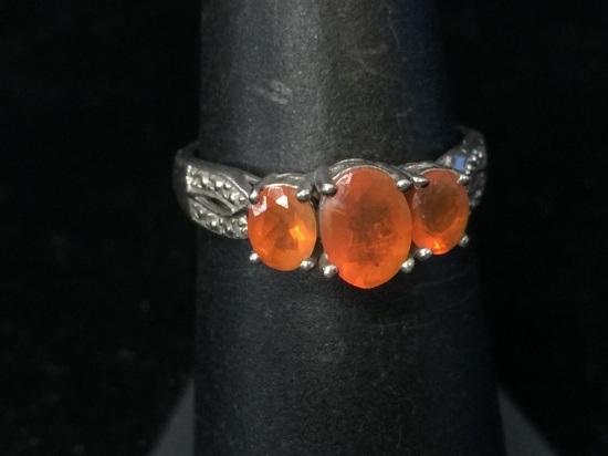 Diamond & Orange Gemstone Sterling Silver Ring - Size 7