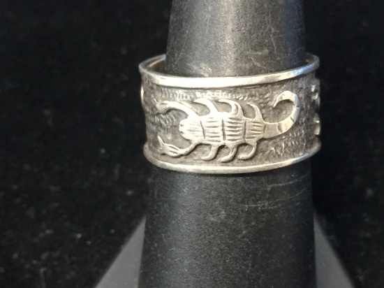 Wide Carved Sterling Silver Scorpion Ring Band - Size 7.5